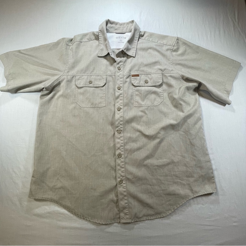 ORVIS Mens 2XL Short Sleeve Button Up Shirt Tan Classic Collection Fishing